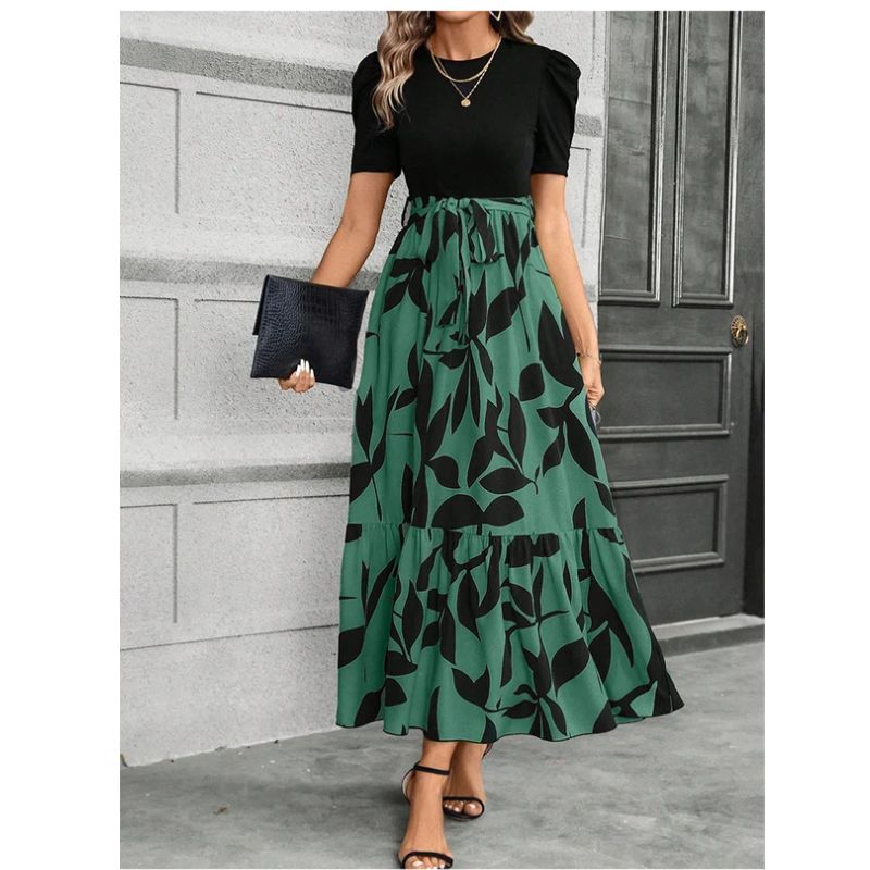 Maxi Dress with Adjustable Tie Waist and Short Sleeves, Lightweight Woven Fabric