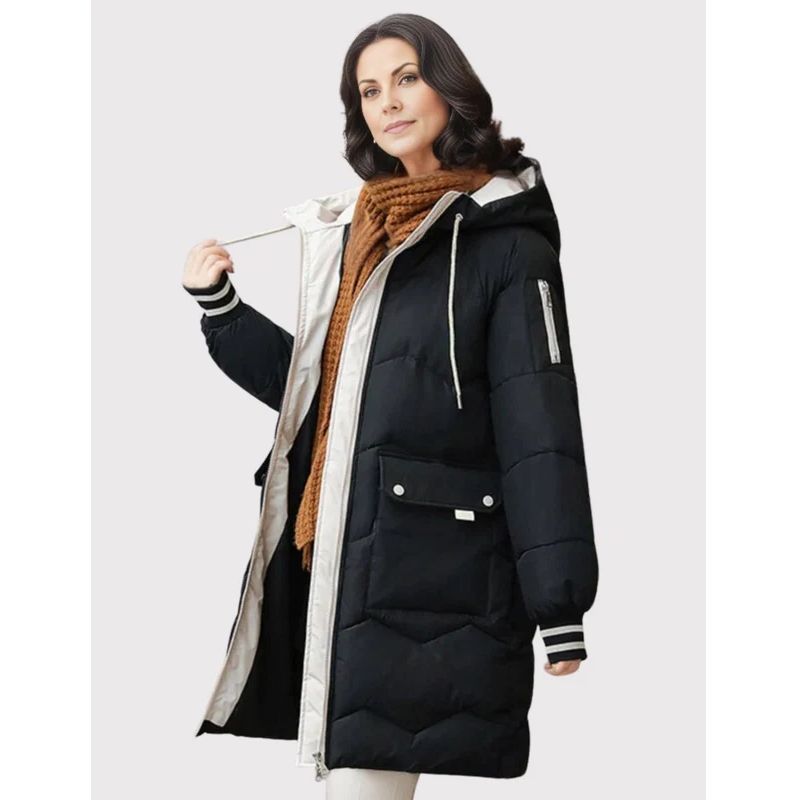 Womens Long Puffer Jacket with Attached Hood and Zippered Hand Pockets, Machine Washable