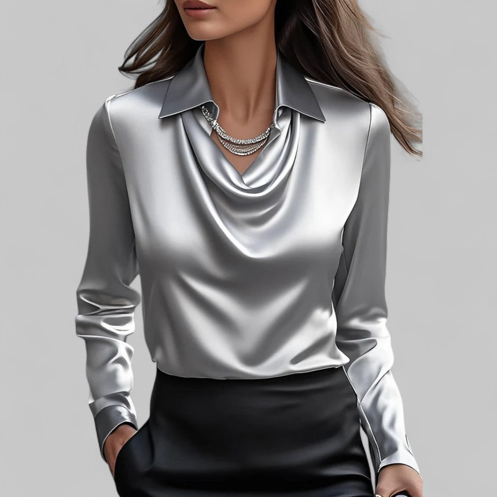 Womens Satin Blouse with Draped Neckline and Long Sleeves, Relaxed Tailored Fit