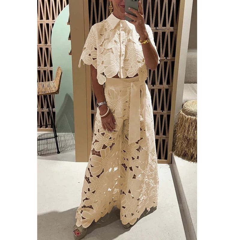 Floral Lace Two-Piece Set with Cropped Top and Wide-Leg Trousers, Sash Belt