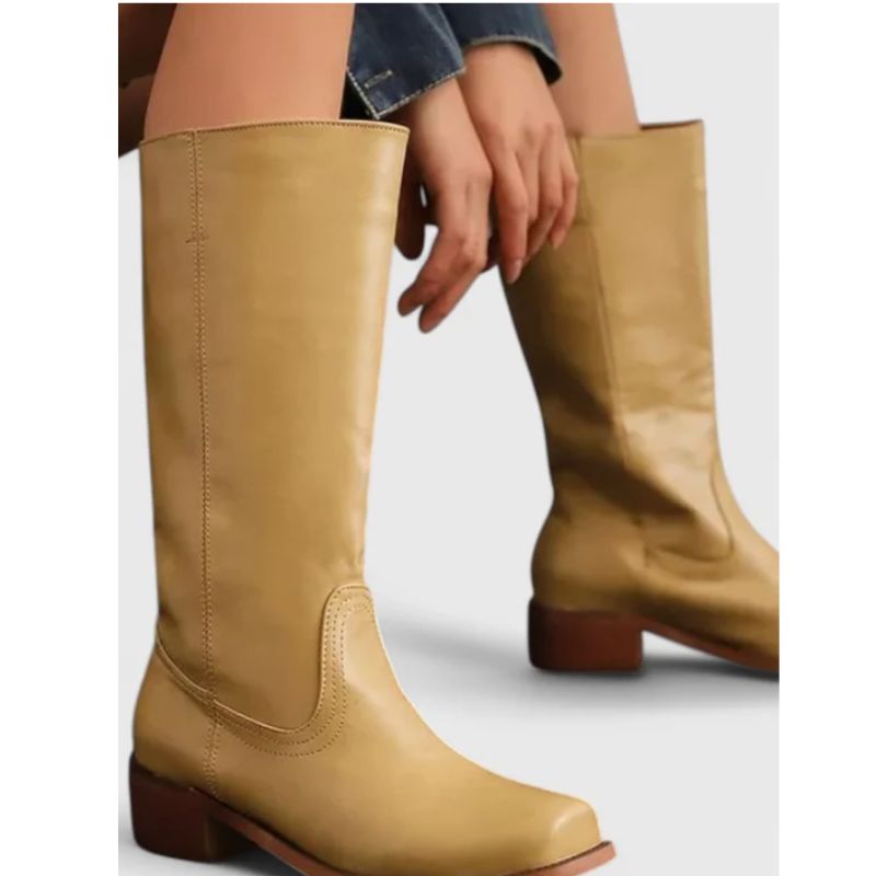 Womens Knee-High Leather Boots with Cushioned Insole and Stacked Heel, Pull-On Fit
