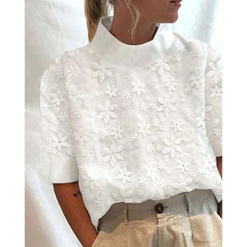 Embroidered Stand Collar Blouse with Floral Detail and Relaxed Fit
