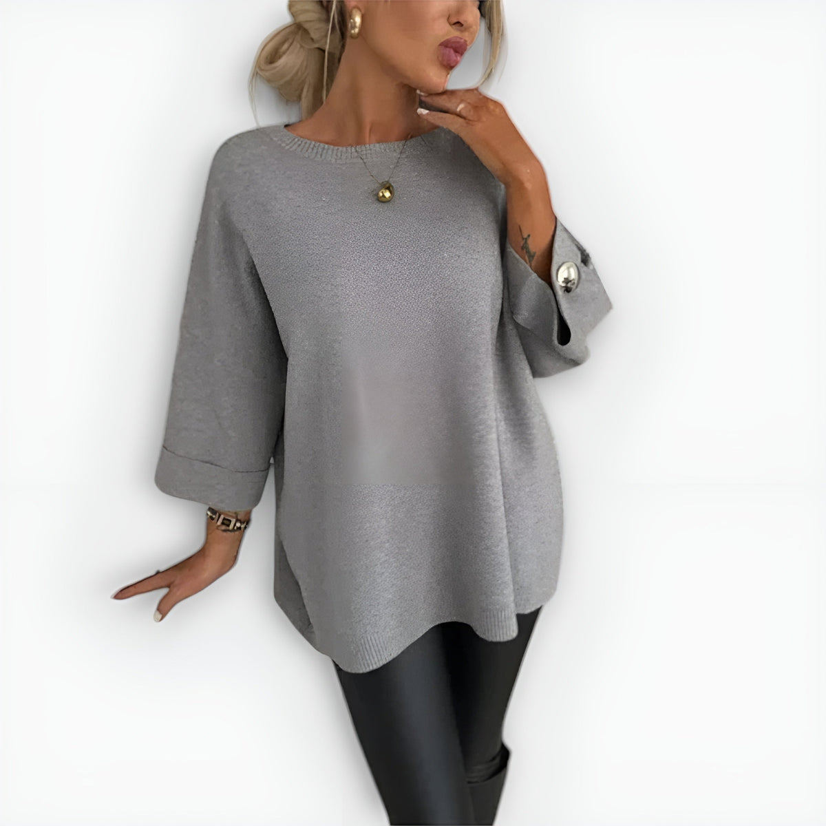 Oversized Sweater with Three-Quarter Sleeves and Button Cuffs for Women