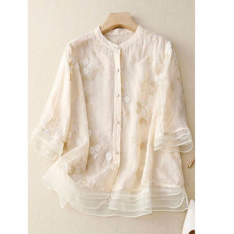 Womens Long Sleeve Blouse with Delicate Floral Embroidery and Relaxed Fit
