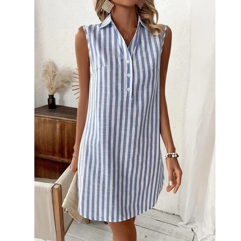 Lightweight Striped Shirt Dress with Structured Collar and Button Front
