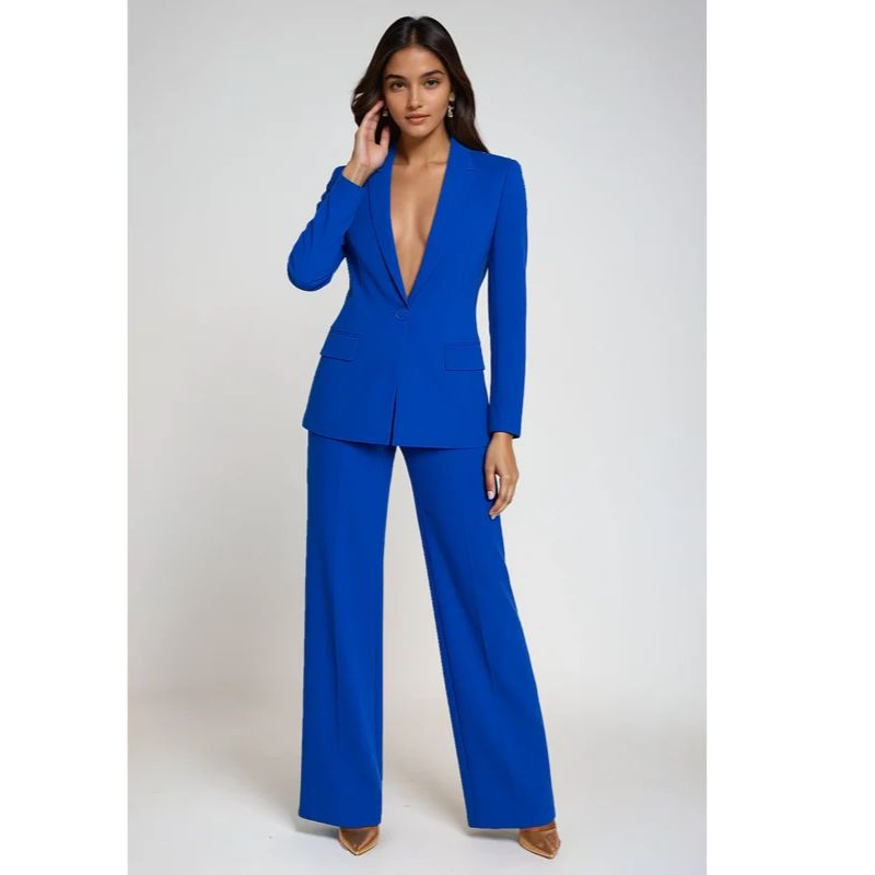 Womens Blazer and Trouser Suit with Single-Button Design, Straight-Leg