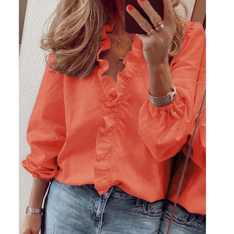 Womens Blouse with Ruffled Neckline and Pleated Balloon Sleeves