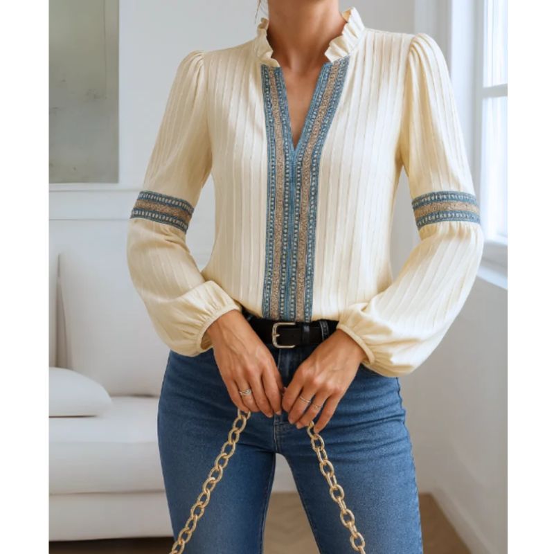 Womens Cotton Blend V-Neck Blouse with Pleated Shoulders and Relaxed Fit