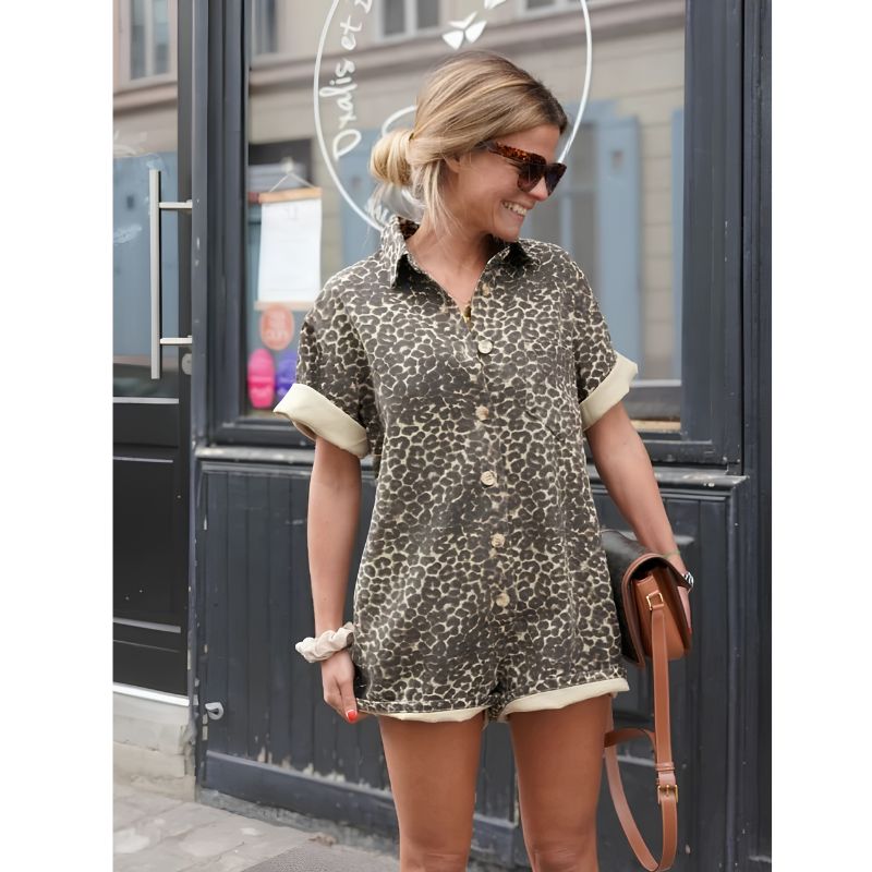 Animal Print Romper with Button-Up Placket and Pointed Collar, Breathable Rayon