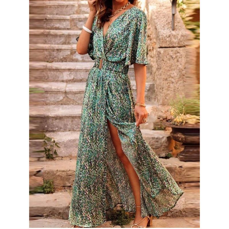 Womens Wrap Maxi Dress with High Slit and Abstract Print, Deep V-Neck
