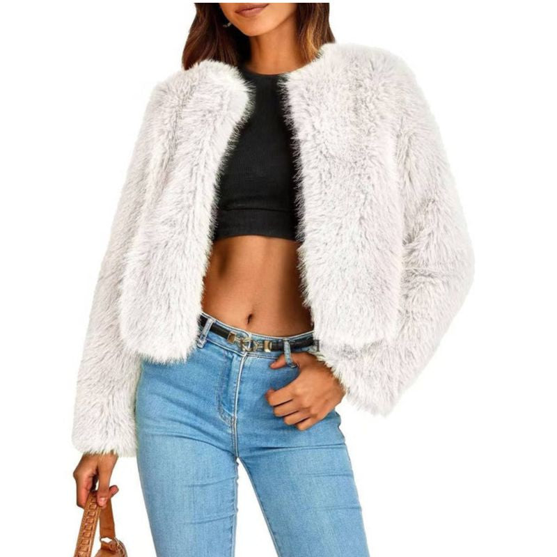 Cropped Faux Fur Jacket with Open Front and Long Sleeves for Women