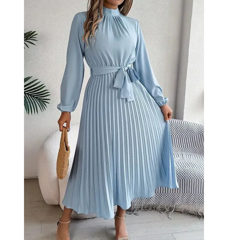 Long Sleeve Pleated Dress with Removable Belt and Hidden Zipper, Lightweight Polyester