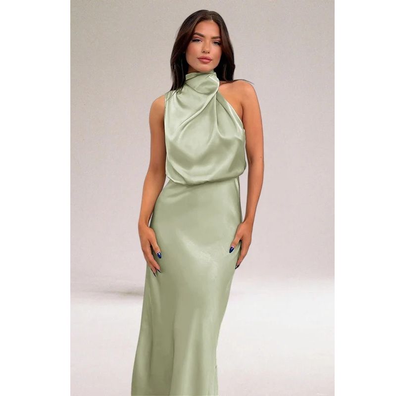 Halter Neckline Evening Dress with Luminous Fabric and Flowing Silhouette