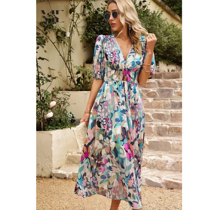 Floral Midi Dress with Puff Sleeves and Tailored Waist, Lightweight Woven Fabric