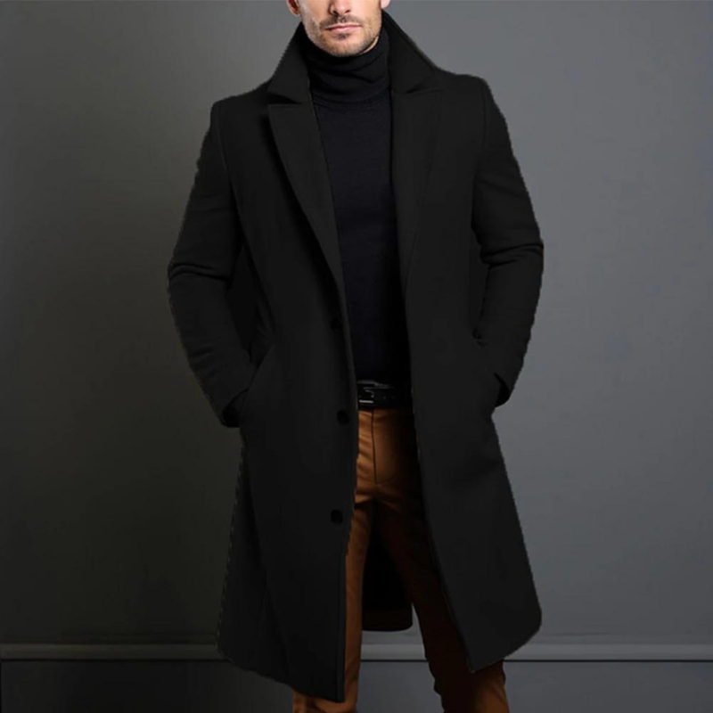 Mens Long Overcoat with Classic Lapel and Tailored Wool-Blend, Single-Breasted