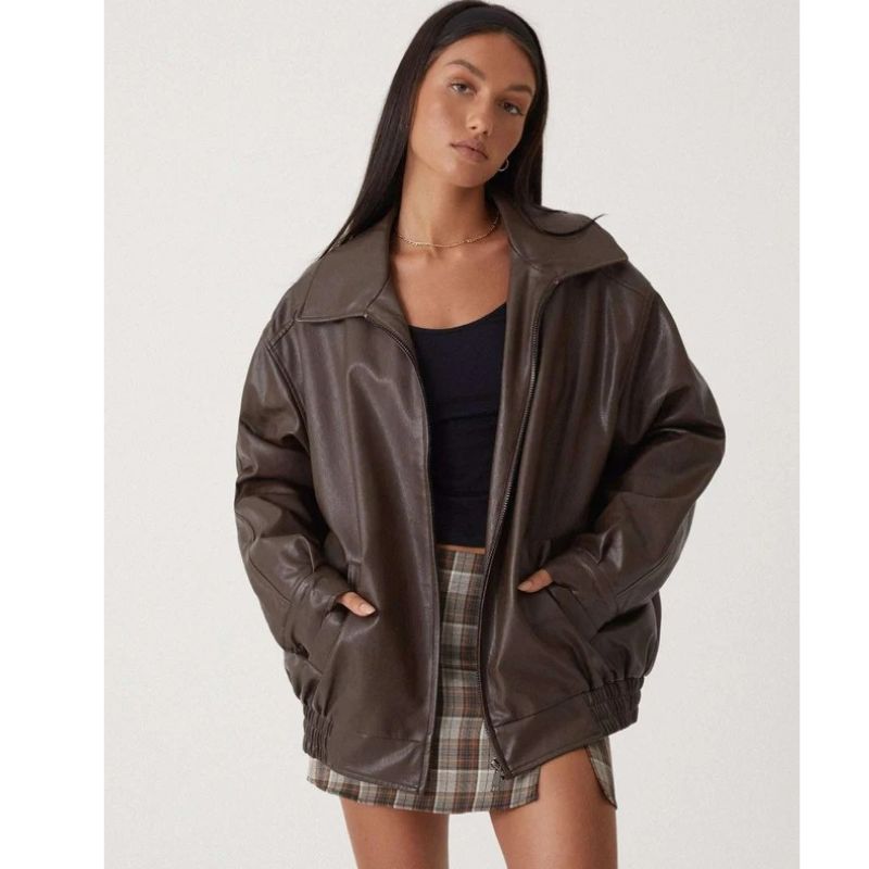Oversized Leather Bomber Jacket with Boxy Dropped Shoulders and Elastic Hem for Women