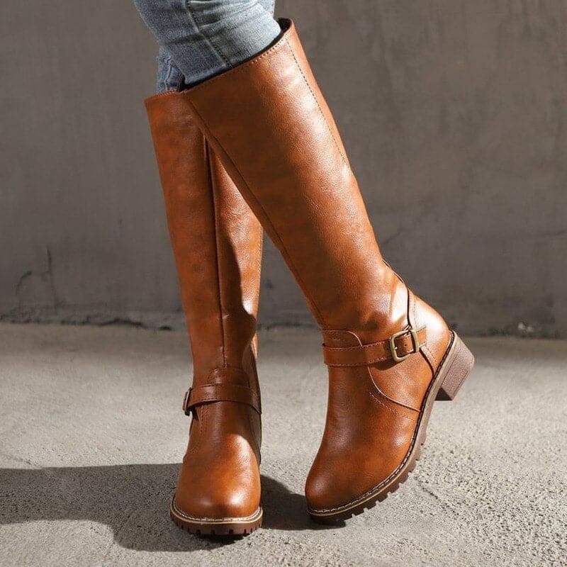 Knee-High Boots for Women with Decorative Buckle and Inner Side Zip, Soft Lining