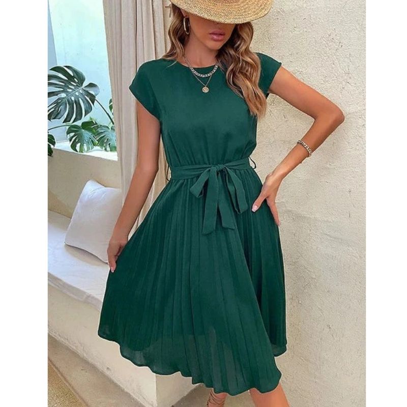 Pleated Midi Dress with Relaxed Fit for Summer Casual Wear