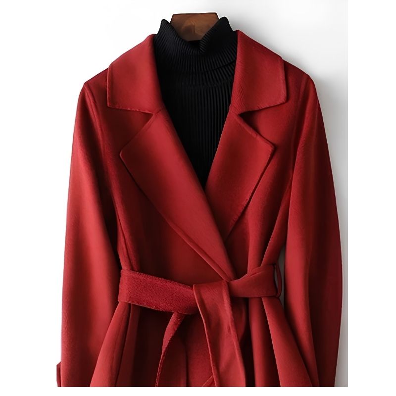 Womens A-Line Wrap Coat with Notch Lapel and Adjustable Belt