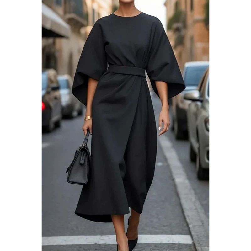 Lantern Sleeve Dress with Adjustable Waist Tie and Flowing Silhouette, Lightweight Fabric