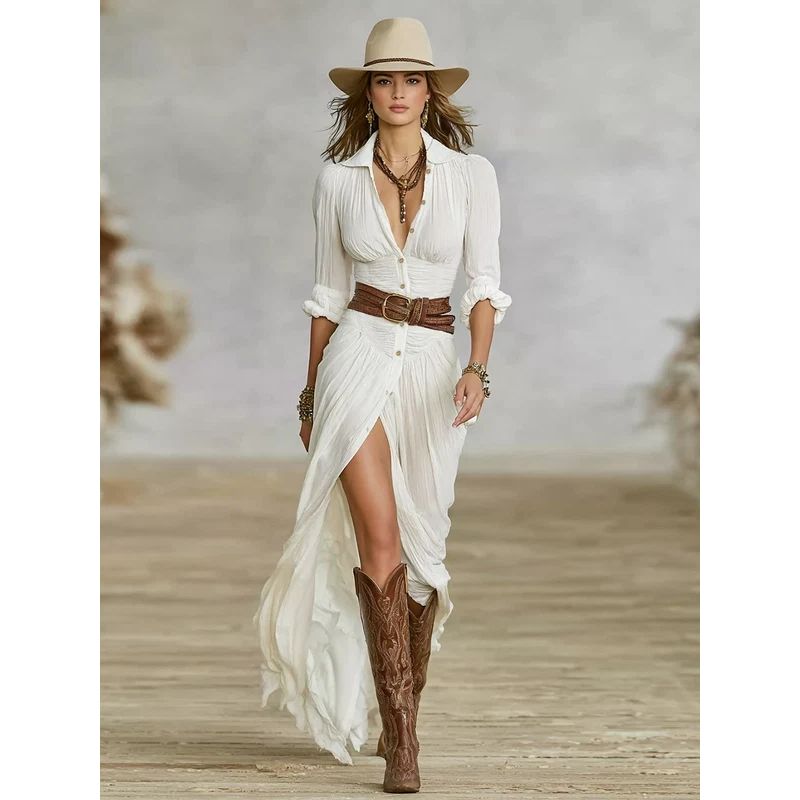 Maxi Dress with Shawl Collar and Adjustable Waist Belt, Floor-Length