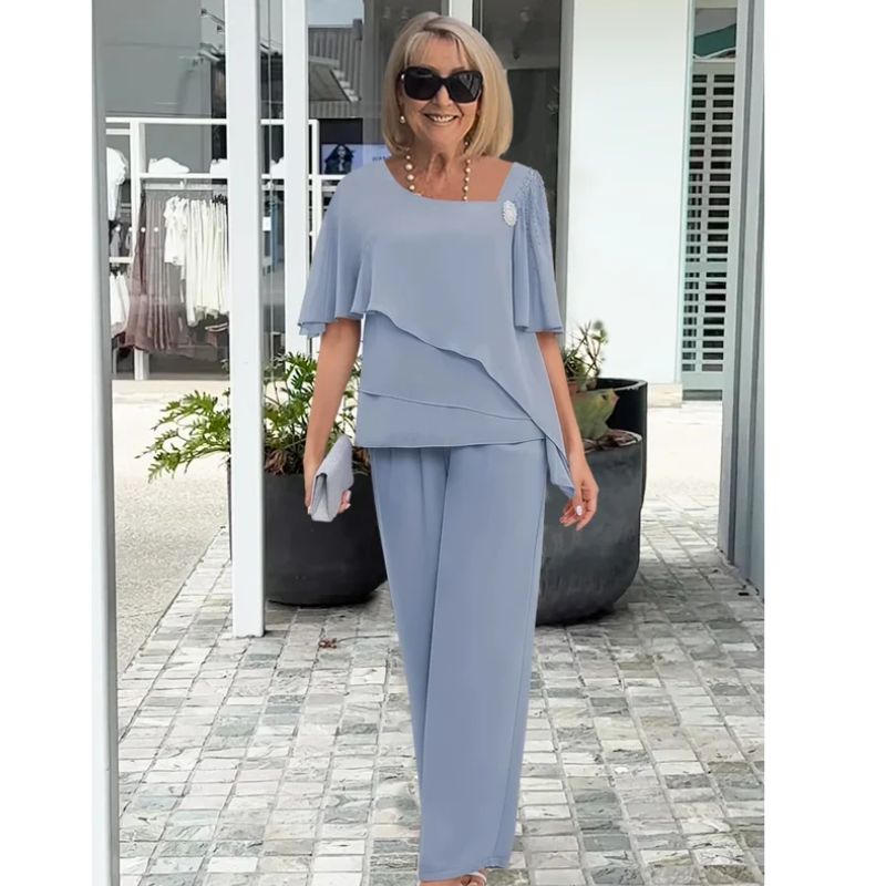 Womens Asymmetric Layered Blouse with High-Waisted Wide-Leg Trousers, Lightweight Fabric