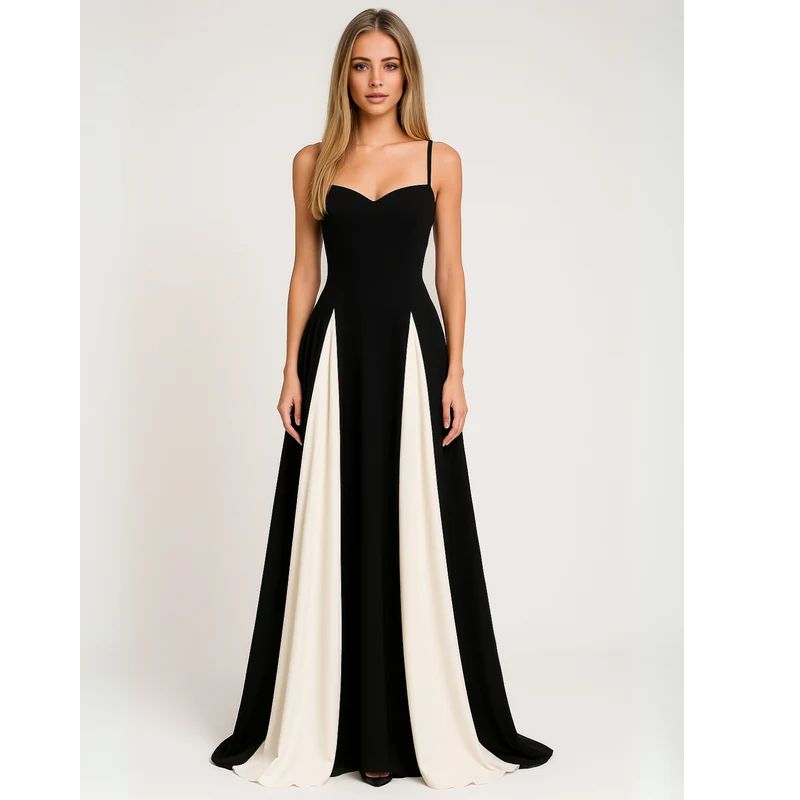 Floor-Length Formal Dress with Contrasting Panels and Structured Bodice