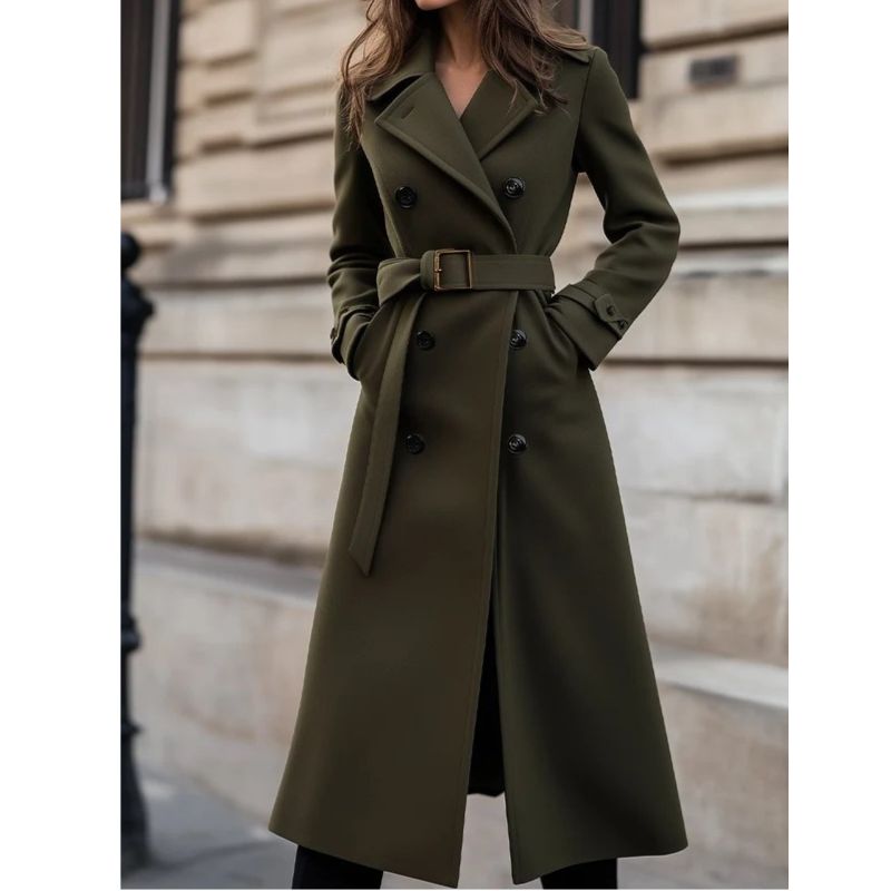 Womens Double Breasted Maxi Coat with Notch Lapel and Adjustable Belt