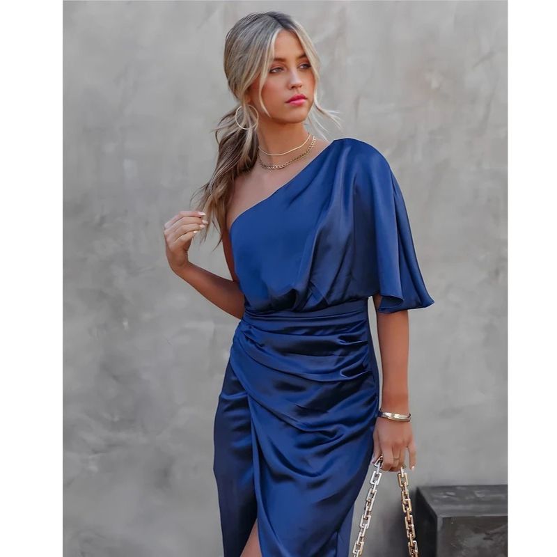 One Shoulder Midi Dress with Ruched Detailing and Side Zipper, Stretch Knit