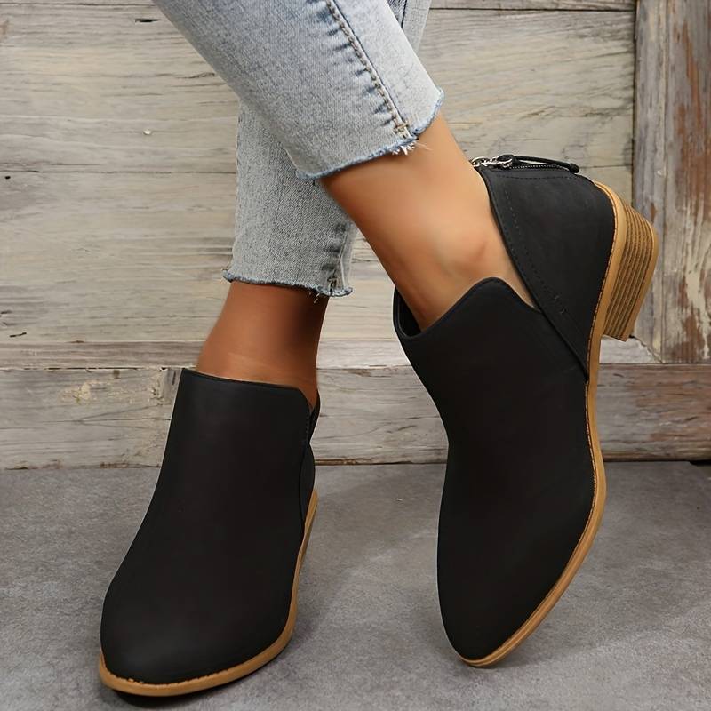 Womens Slip-On Boots with Low Block Heel and Cushioned Insole, Durable Traction Sole