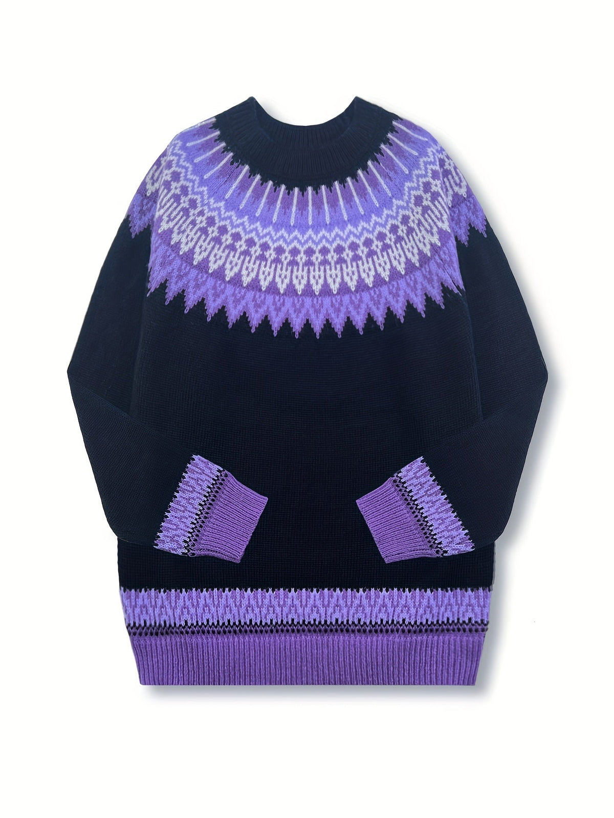 Chunky Jacquard Knit Sweater with Round Neck and Relaxed Fit