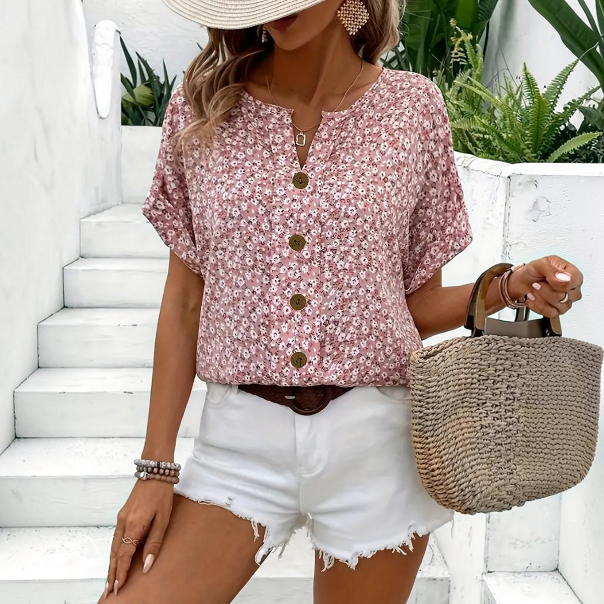 Womens Floral Blouse with Button Front and Lightweight Fabric, Loose Fit