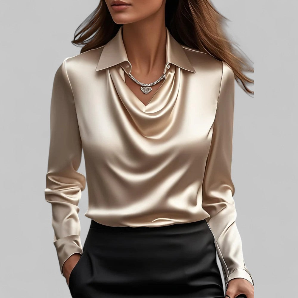Womens Satin Blouse with Draped Neckline and Long Sleeves, Relaxed Tailored Fit