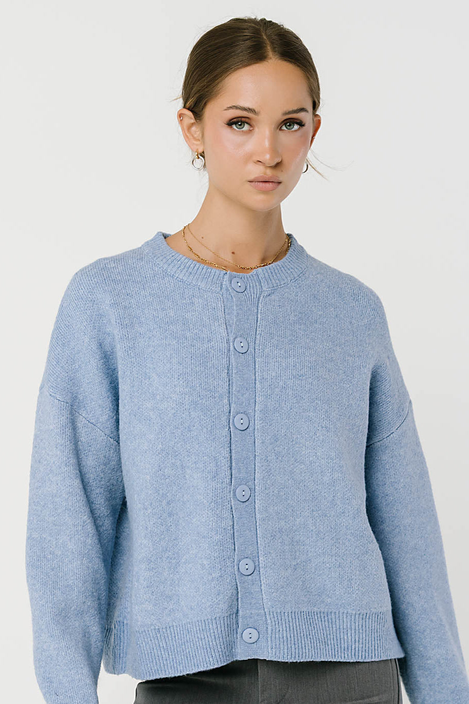 Stretch Knit Cardigan with Button Front and Ribbed Cuffs, Light Blue