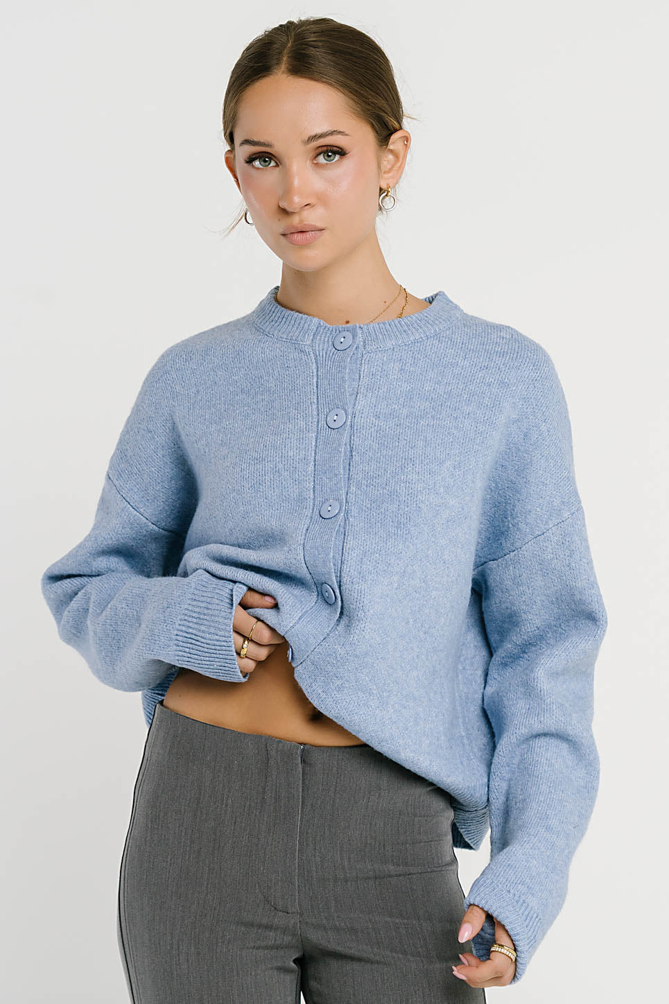 Stretch Knit Cardigan with Button Front and Ribbed Cuffs, Light Blue