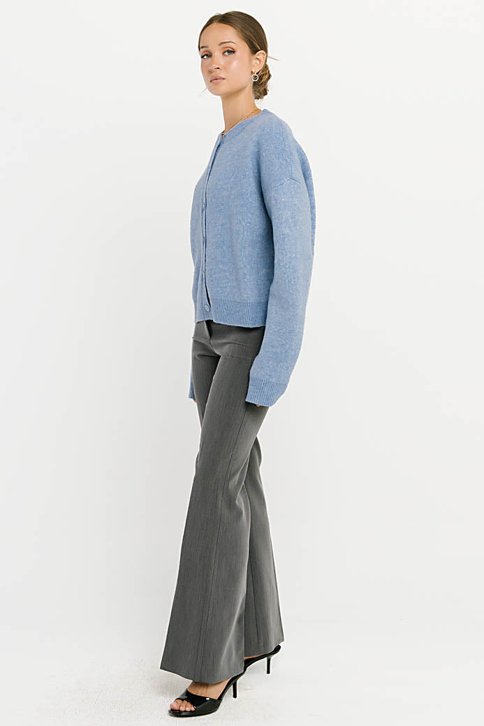 Stretch Knit Cardigan with Button Front and Ribbed Cuffs, Light Blue