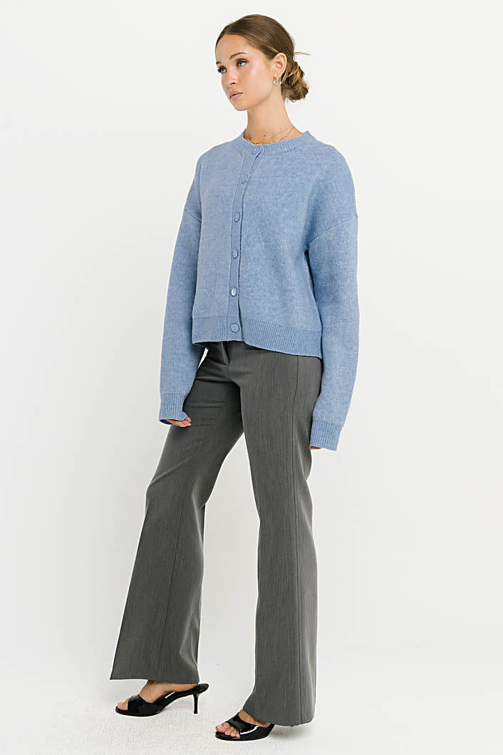 Stretch Knit Cardigan with Button Front and Ribbed Cuffs, Light Blue