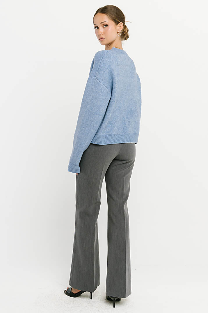 Stretch Knit Cardigan with Button Front and Ribbed Cuffs, Light Blue
