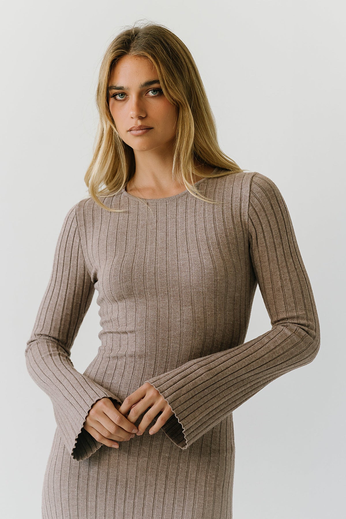 Ribbed Knit Maxi Dress with Bell Sleeves and Round Neckline, Taupe