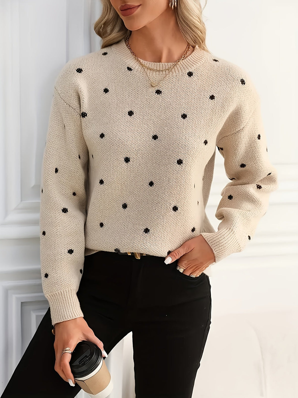 Polka Dot Crew Neck Sweater with Light Stretch Knit and Relaxed Fit