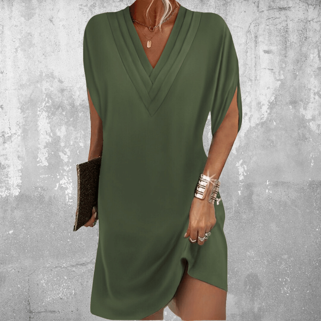 Tummy Covering Dress with Draped V-Neck and Short Sleeve Cut-Out, Lightweight Fabric