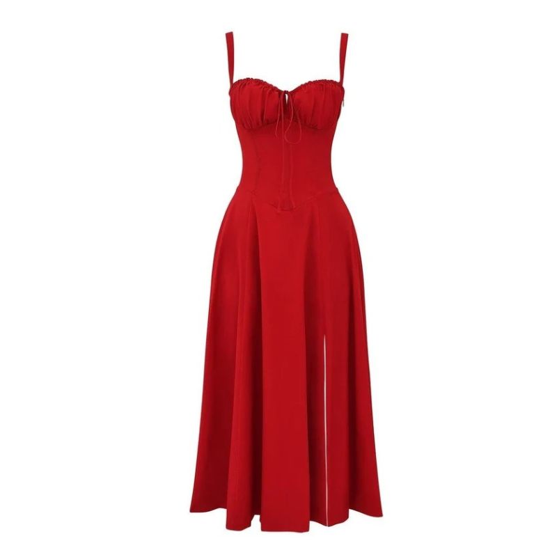 Corset Midi Dress with Structured Bodice and Flowing Flared Skirt, Stretch Lined