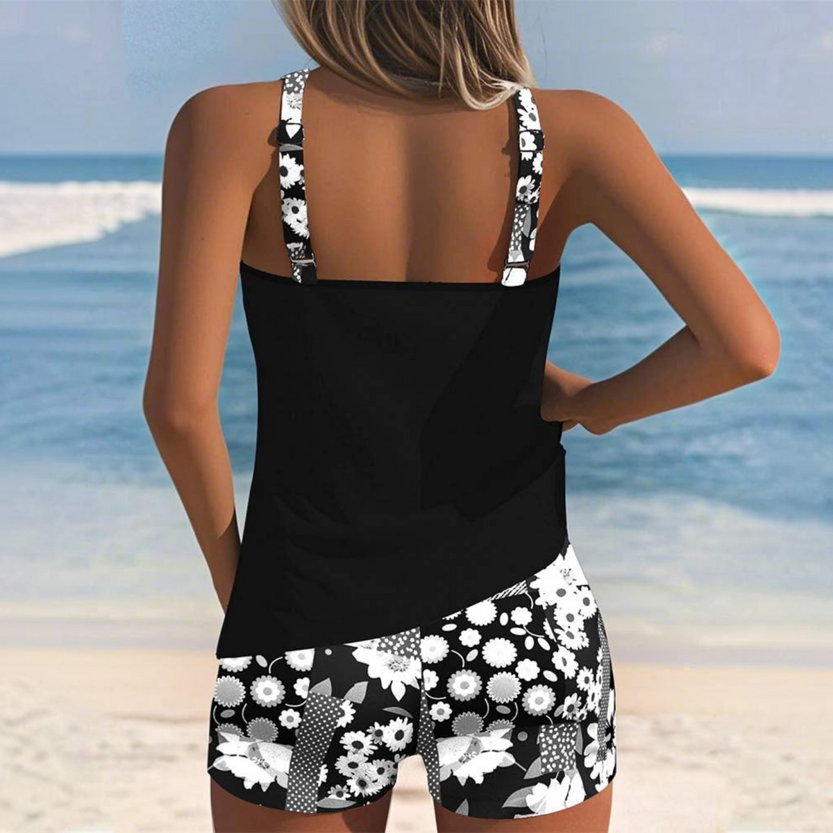 Tank-Style Swimsuit with Adjustable Straps and Floral Shorts