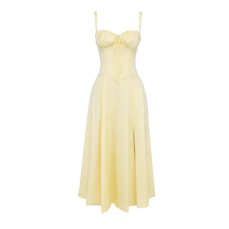 Corset Midi Dress with Structured Bodice and Flowing Flared Skirt, Stretch Lined