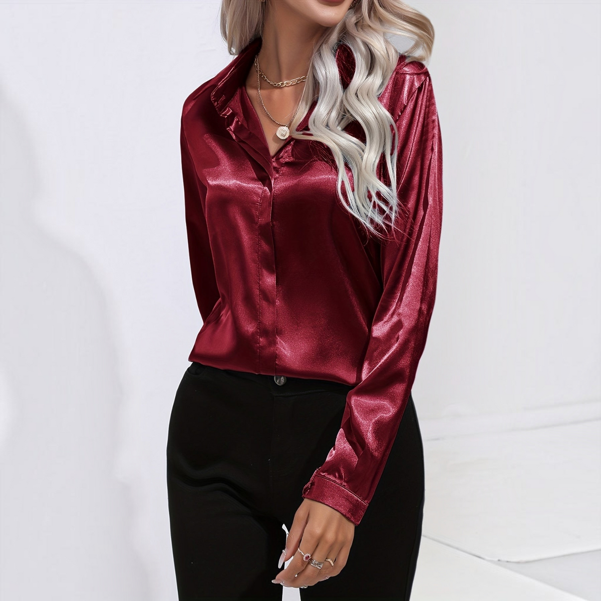 Satin Blouse for Women with Button Down Front and Long Sleeves, Tailored Relaxed Fit