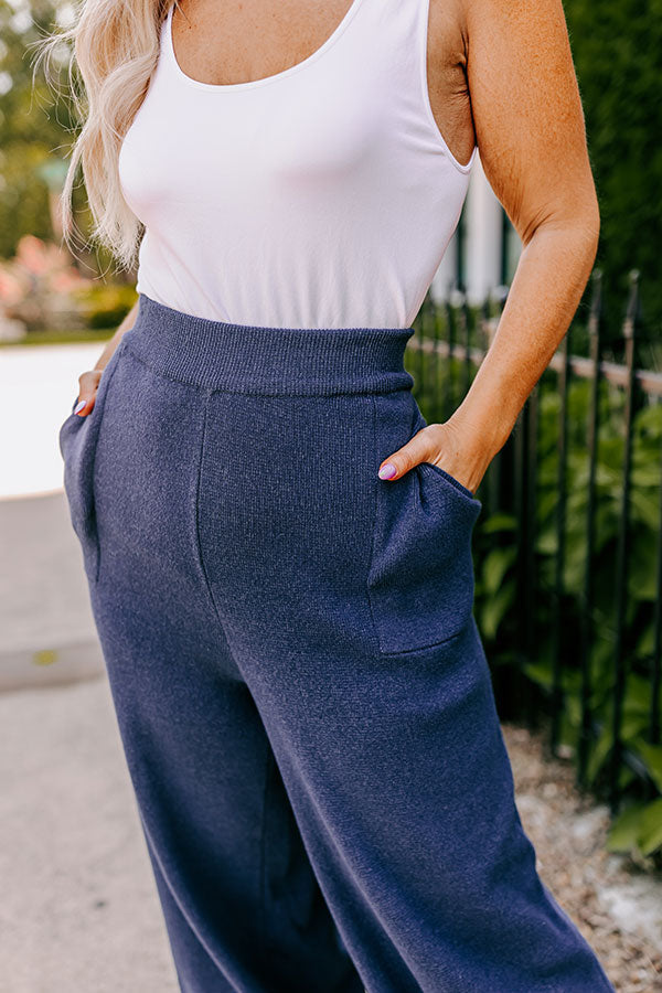 Elastic Waist Knit Pants with Side Pockets and Pleated Hem, Relaxed Fit