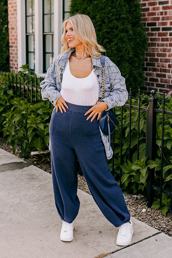 Elastic Waist Knit Pants with Side Pockets and Pleated Hem, Relaxed Fit