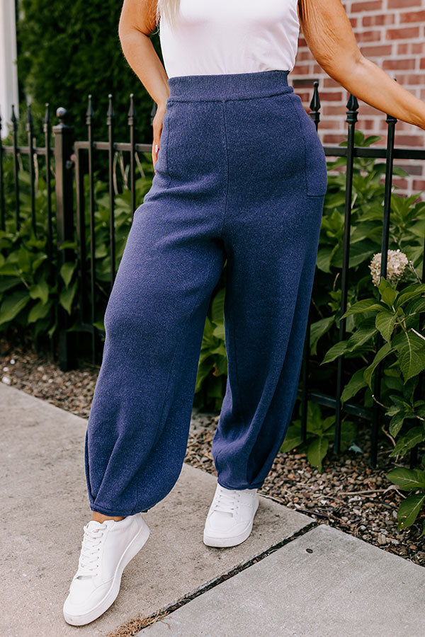 Elastic Waist Knit Pants with Side Pockets and Pleated Hem, Relaxed Fit