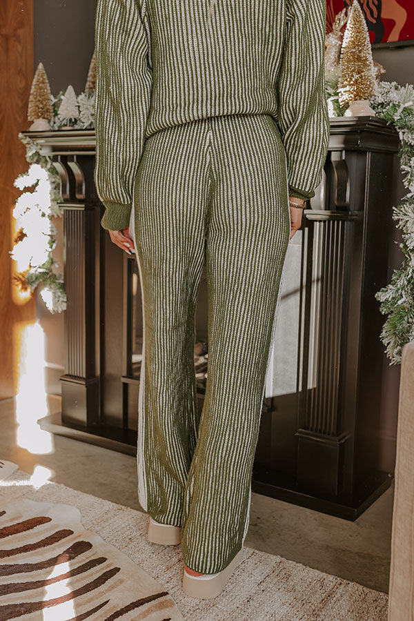 Striped Knit Pants with Ribbed Texture and Elastic Waistband, White Olive