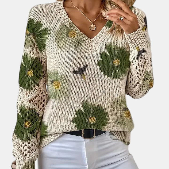 Floral Knit Sweater with V-Neckline and Open Sleeves for Women - Ribbed Hem